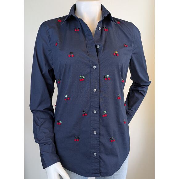 J Crew Womens Button Down Shirt 8 Slim Navy Red 3D Cherry Pom Pom Embroidery - Picture 2 of 10